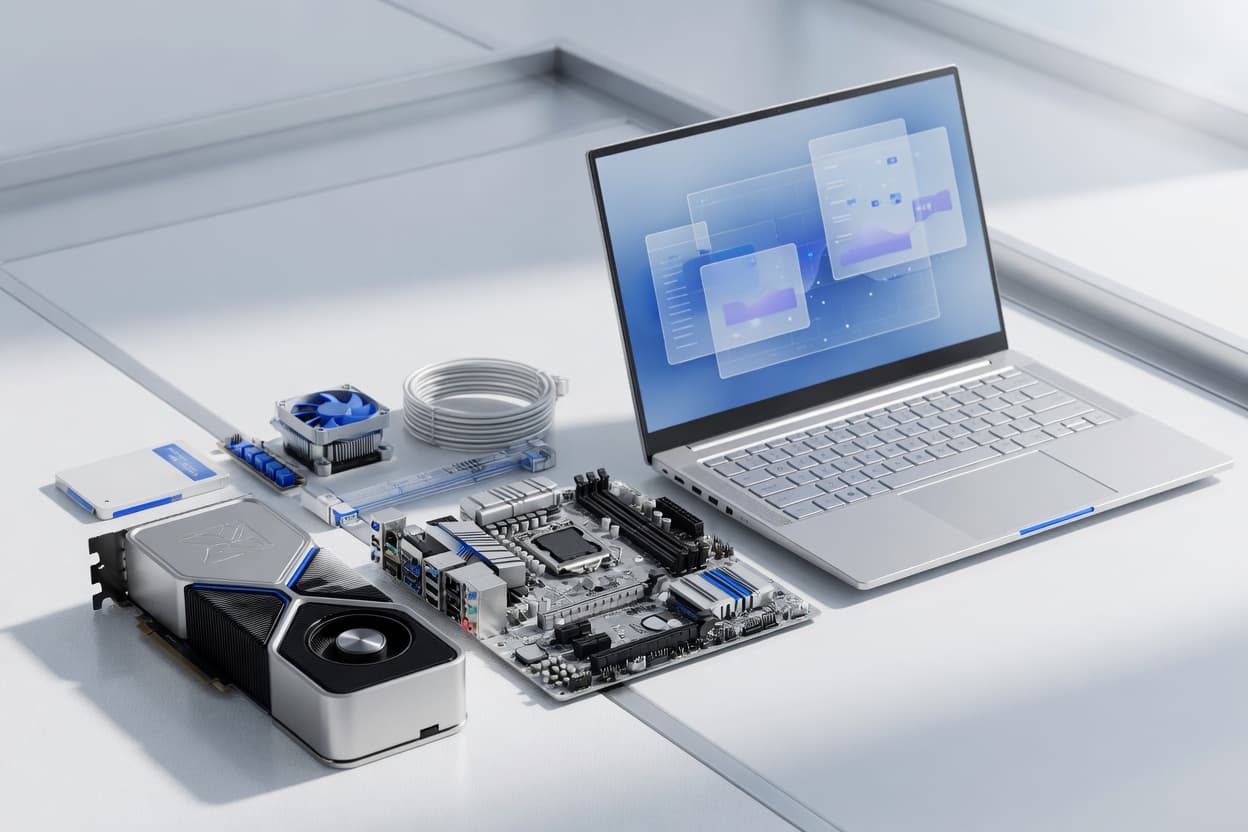 Linh kiện PC trên bàn làm việc
